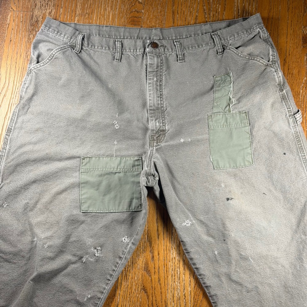 Vintage Y2K Distressed Carpenter Pants Grey Canvas Workwear 42x29 Patchwork